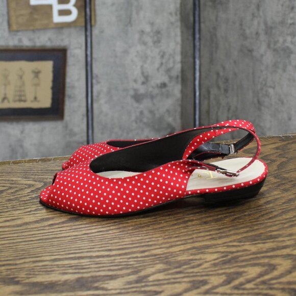 The Tog Shop Womens Vintage Open Toe Flats with Strap Red White Polka Dot 6M - Picture 2 of 7